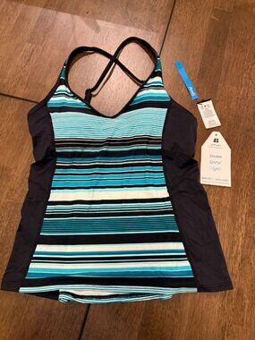 Beach House Black Striped Tankini Swim Top Sz 4‎